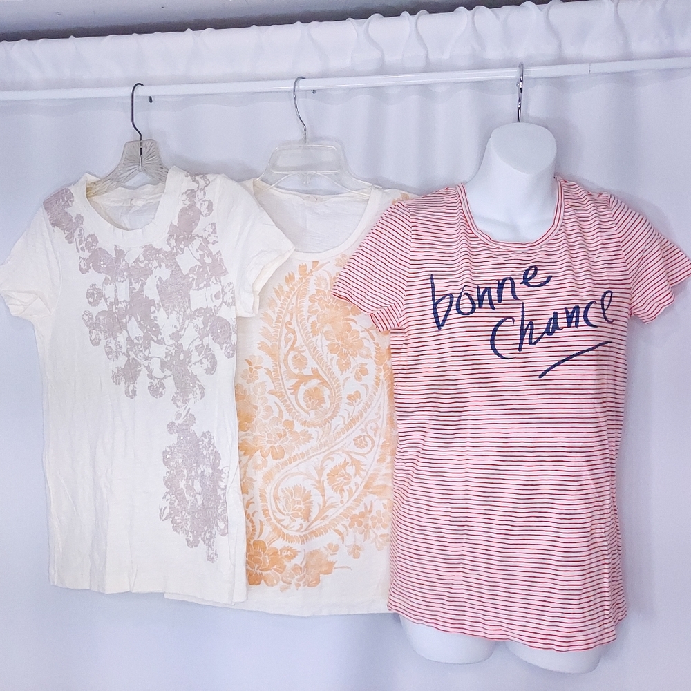 J Crew Factory T Shirts Lot of 3 Tops Short Sleeve Small White Red Bonne Chance